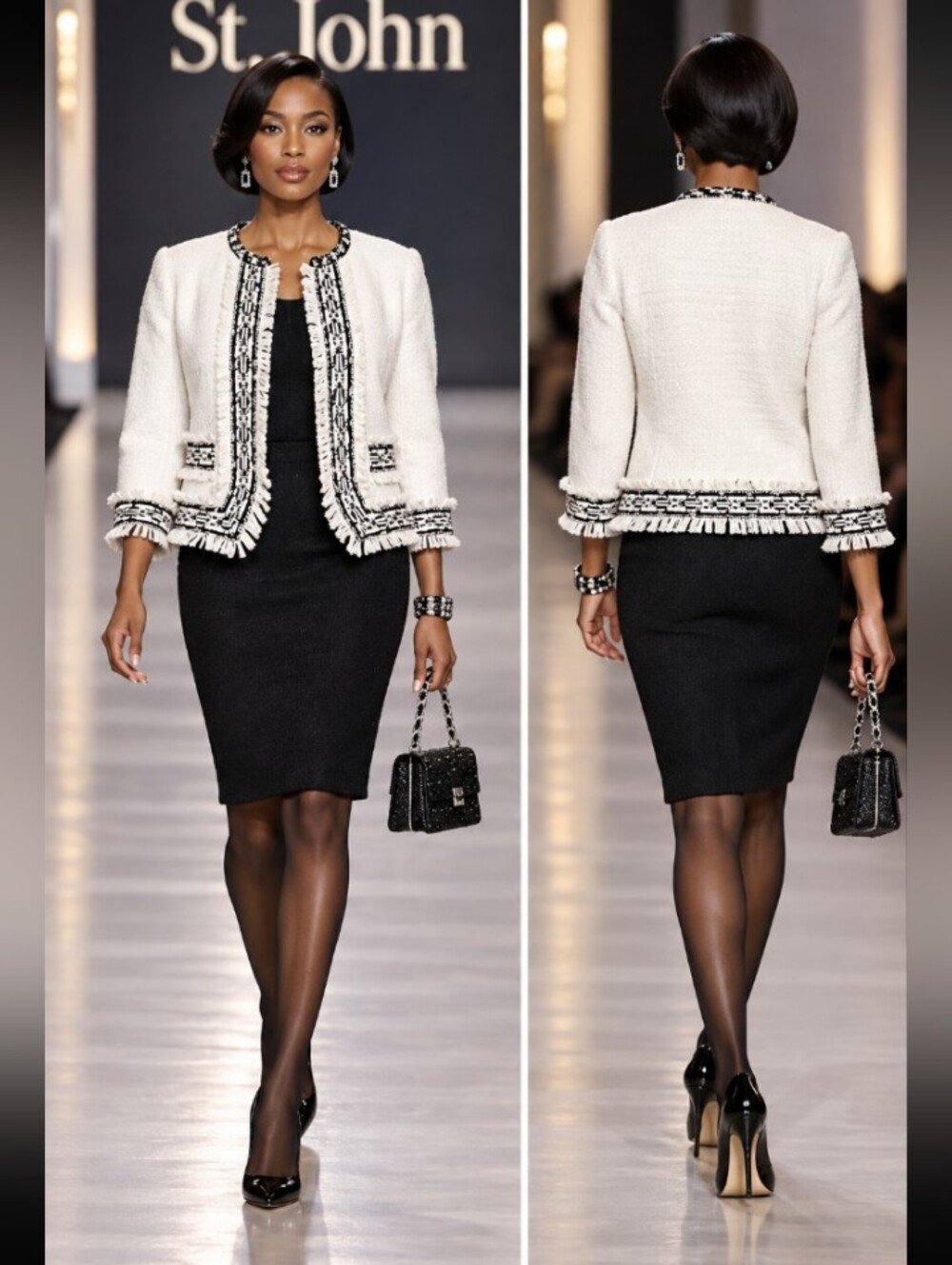 St. John Knit 0 2 4 White Black Boucle Fringe Jacket Santana Knit Skirt Set Suit - Picture 2 of 15